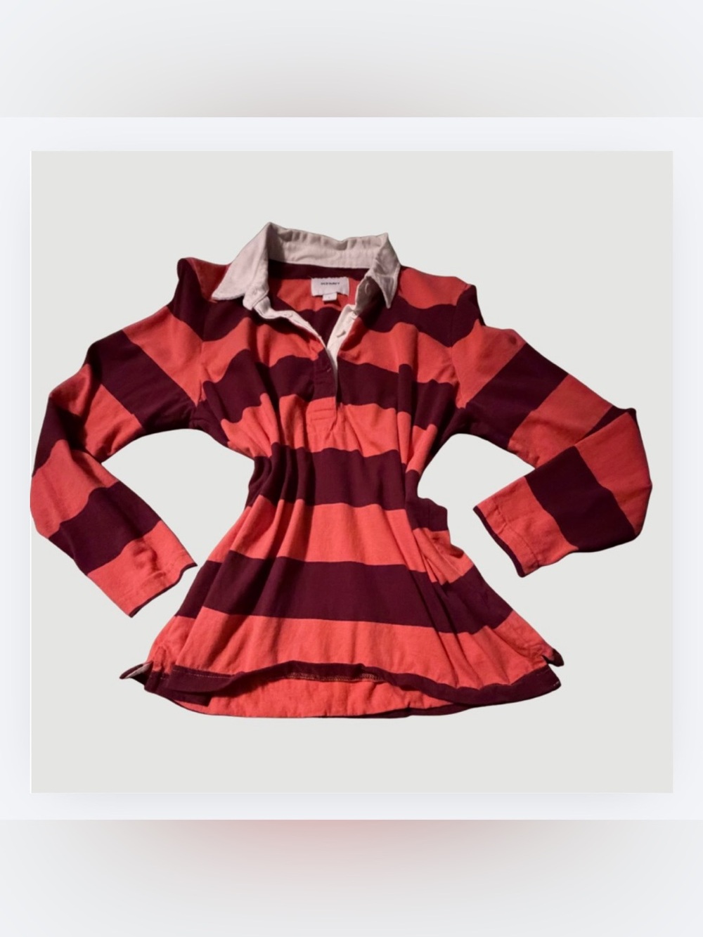 Old Navy Girls' Coral and Burgundy Striped Rugby Polo